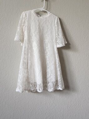 White Lace Pom-Trim Tunic Dress/ Off-white